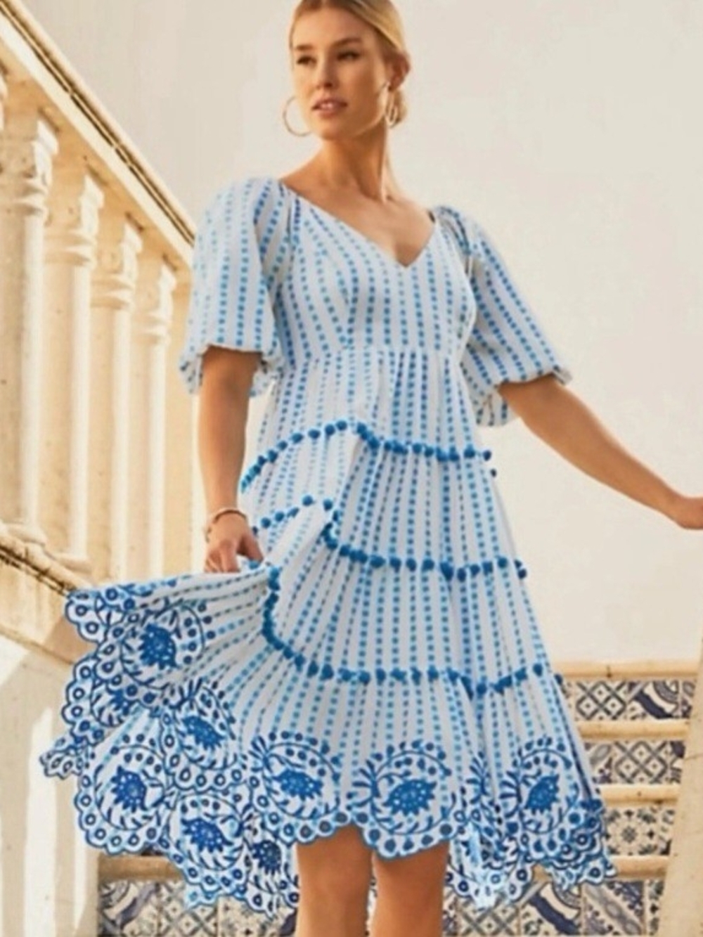Lily Pulitzer Blue and White Embroidered Tiered Midi Dress